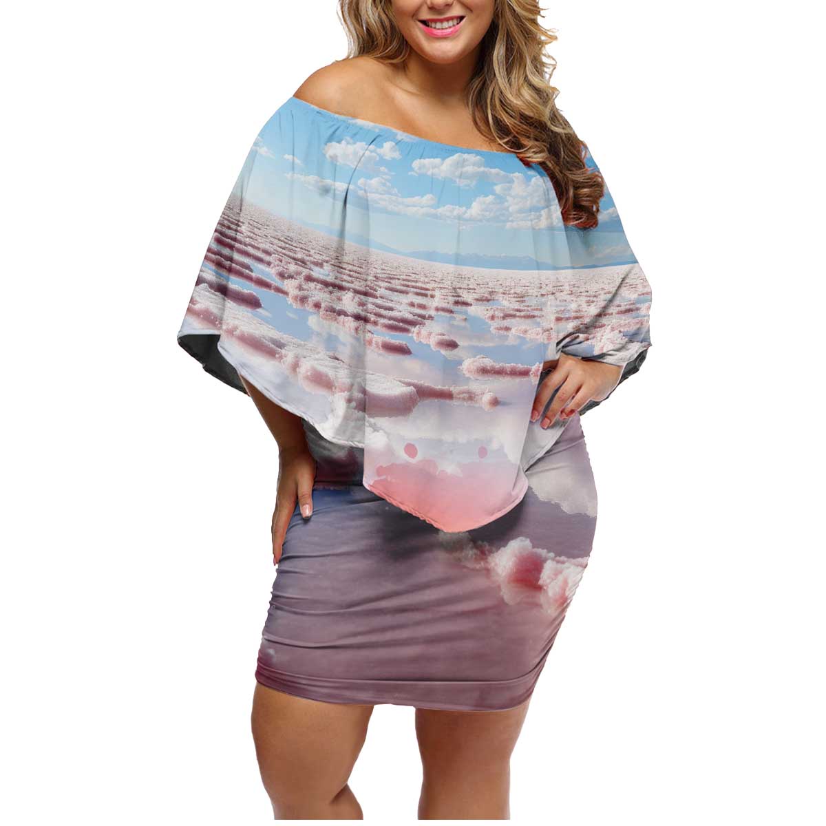 Personalized Bonaire Caribbean Flamingo Family Matching Off Shoulder Short Dress and Hawaiian Shirt Pink Salt Flats - Wonder Print Shop