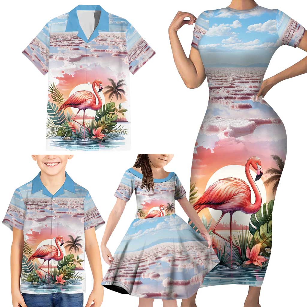 Personalized Bonaire Caribbean Flamingo Family Matching Short Sleeve Bodycon Dress and Hawaiian Shirt Pink Salt Flats - Wonder Print Shop