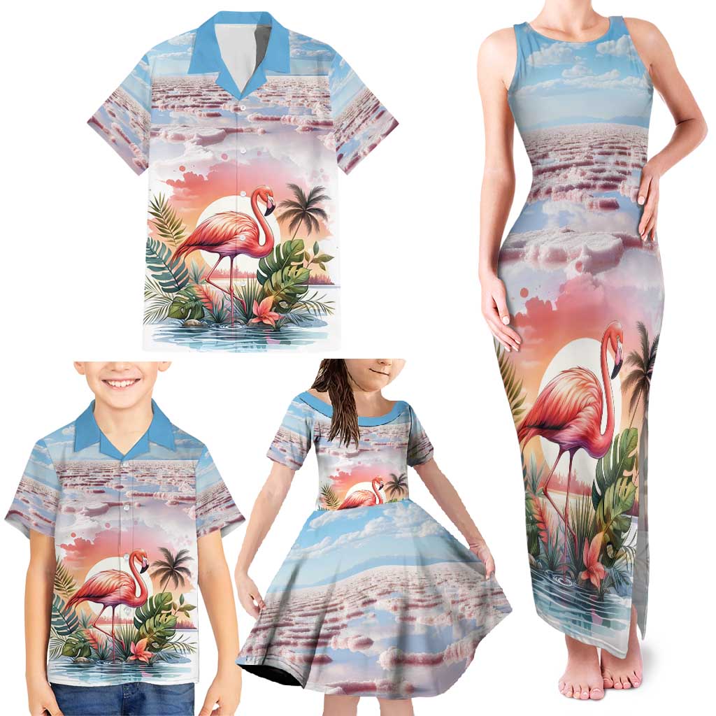 Personalized Bonaire Caribbean Flamingo Family Matching Tank Maxi Dress and Hawaiian Shirt Pink Salt Flats - Wonder Print Shop