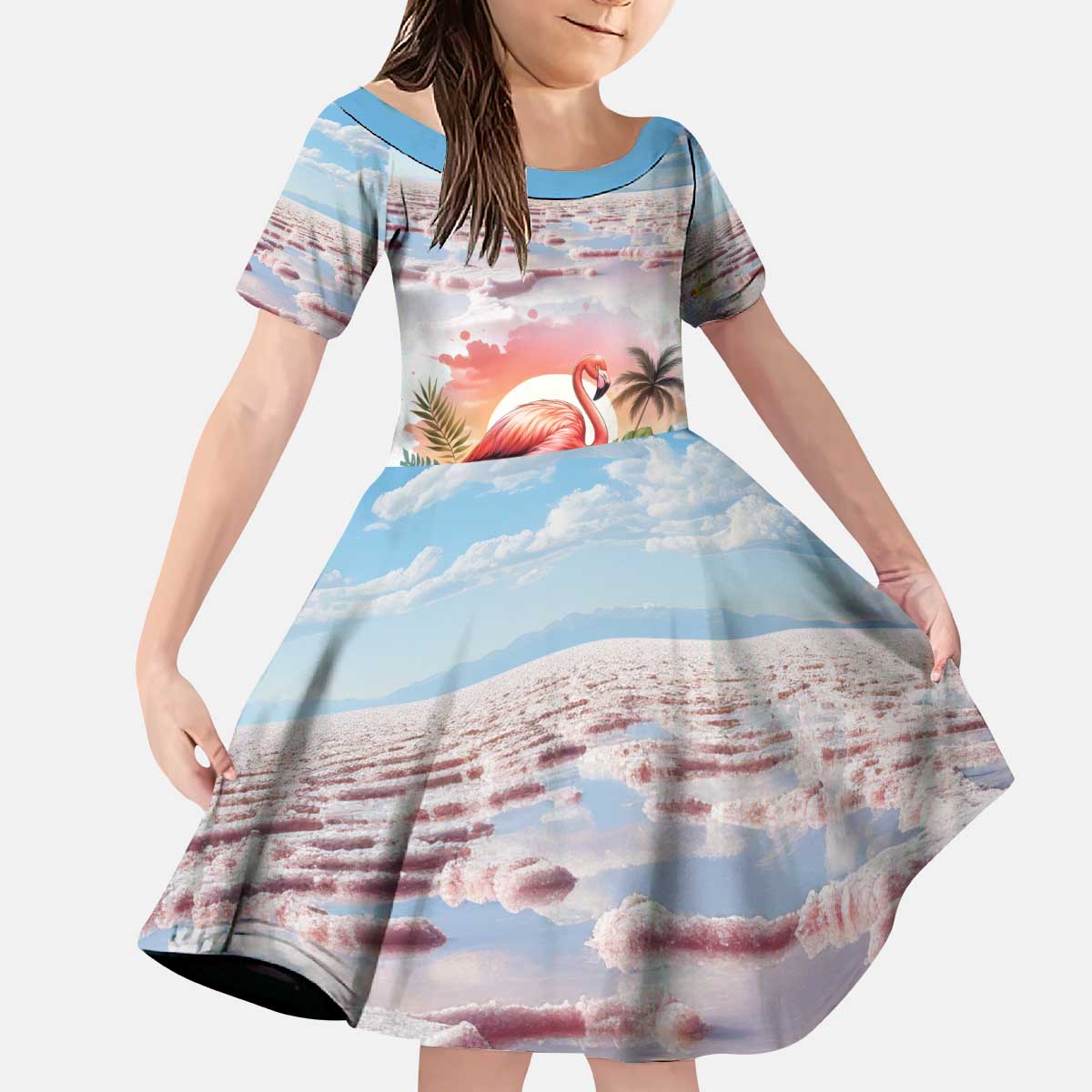 Personalized Bonaire Caribbean Flamingo Kid Short Sleeve Dress Pink Salt Flats - Wonder Print Shop
