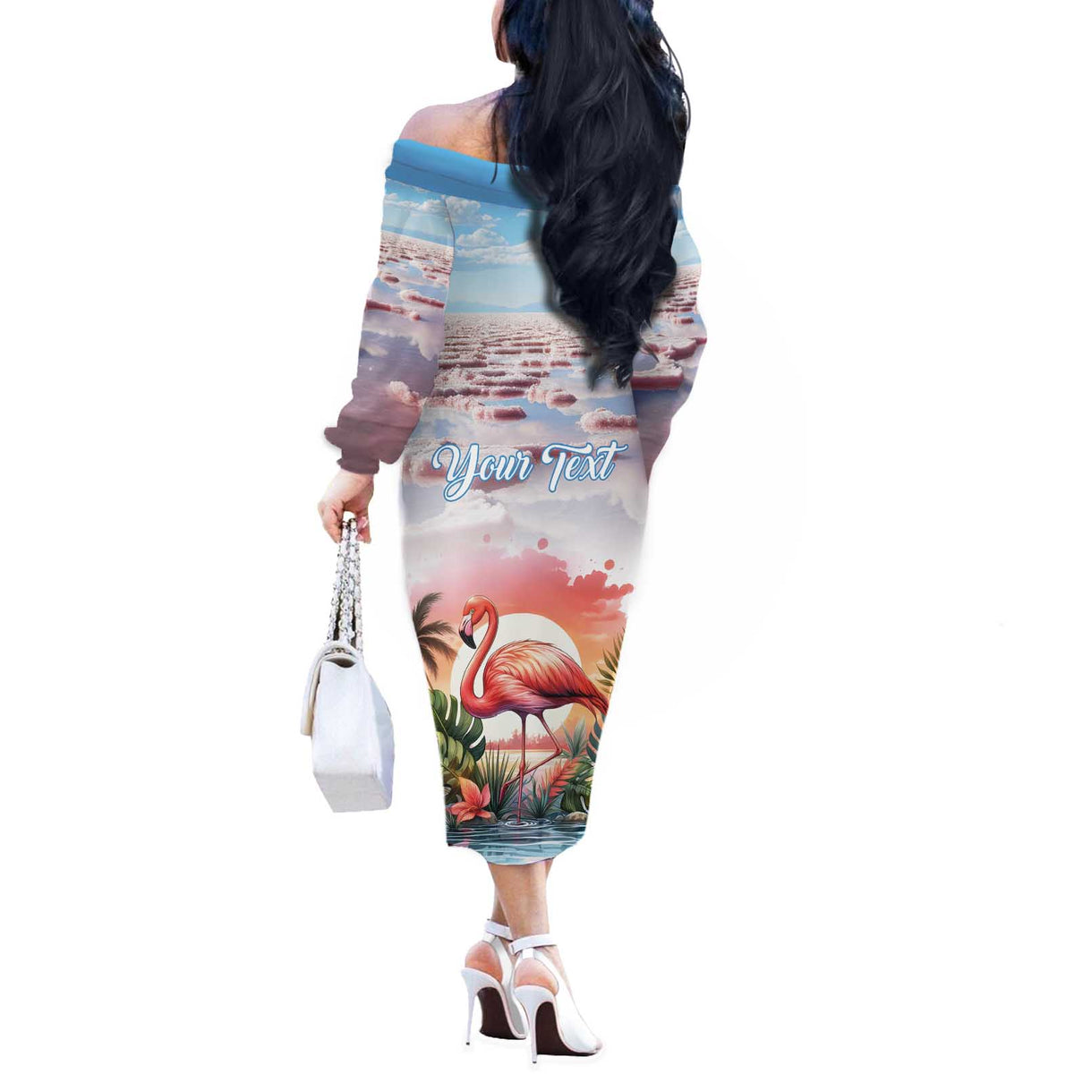 Personalized Bonaire Caribbean Flamingo Off The Shoulder Long Sleeve Dress Pink Salt Flats - Wonder Print Shop