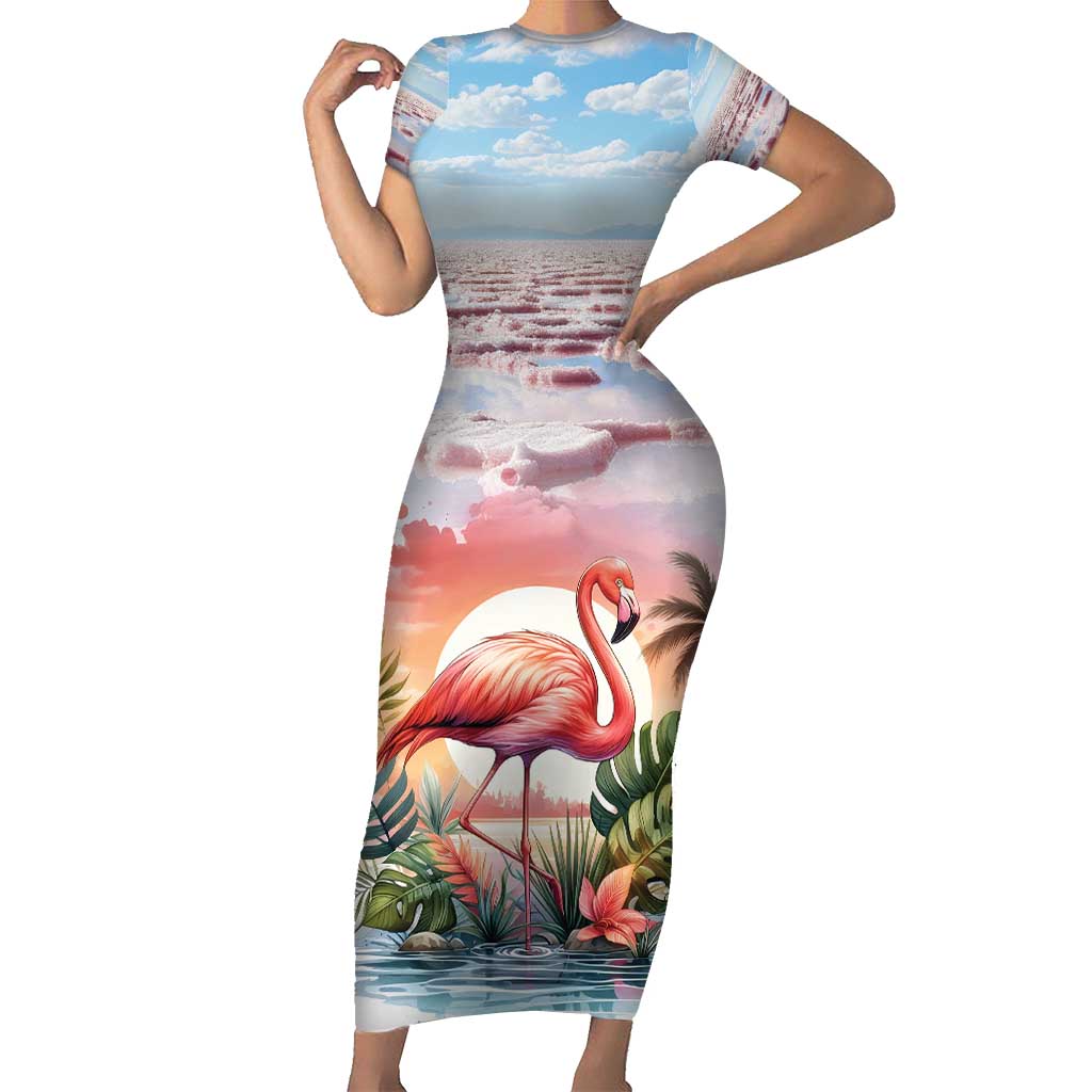 Personalized Bonaire Caribbean Flamingo Short Sleeve Bodycon Dress Pink Salt Flats - Wonder Print Shop
