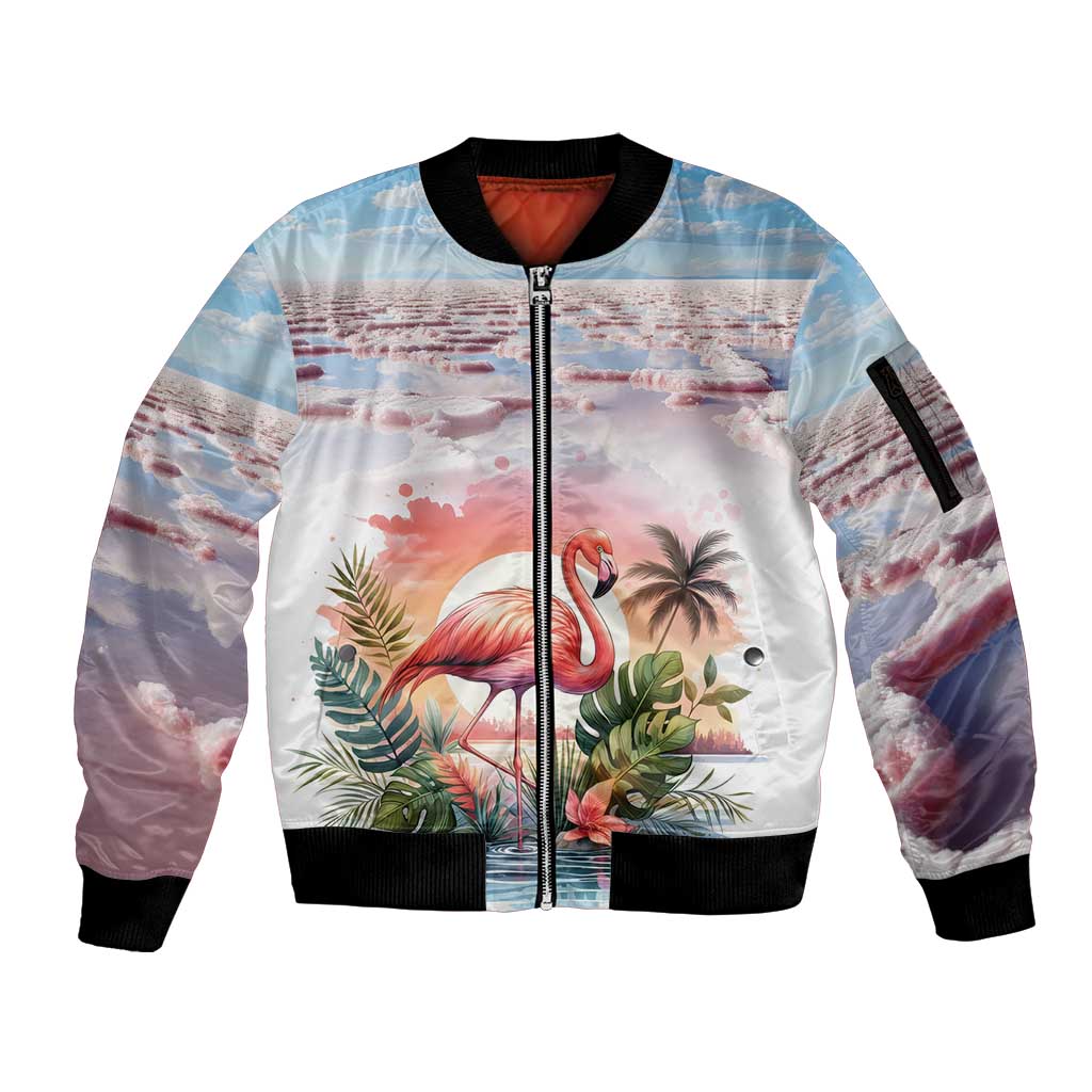 Personalized Bonaire Caribbean Flamingo Sleeve Zip Bomber Jacket Pink Salt Flats - Wonder Print Shop