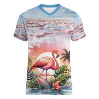 Personalized Bonaire Caribbean Flamingo Women V-Neck T-Shirt Pink Salt Flats - Wonder Print Shop