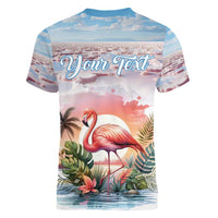 Personalized Bonaire Caribbean Flamingo Women V-Neck T-Shirt Pink Salt Flats - Wonder Print Shop