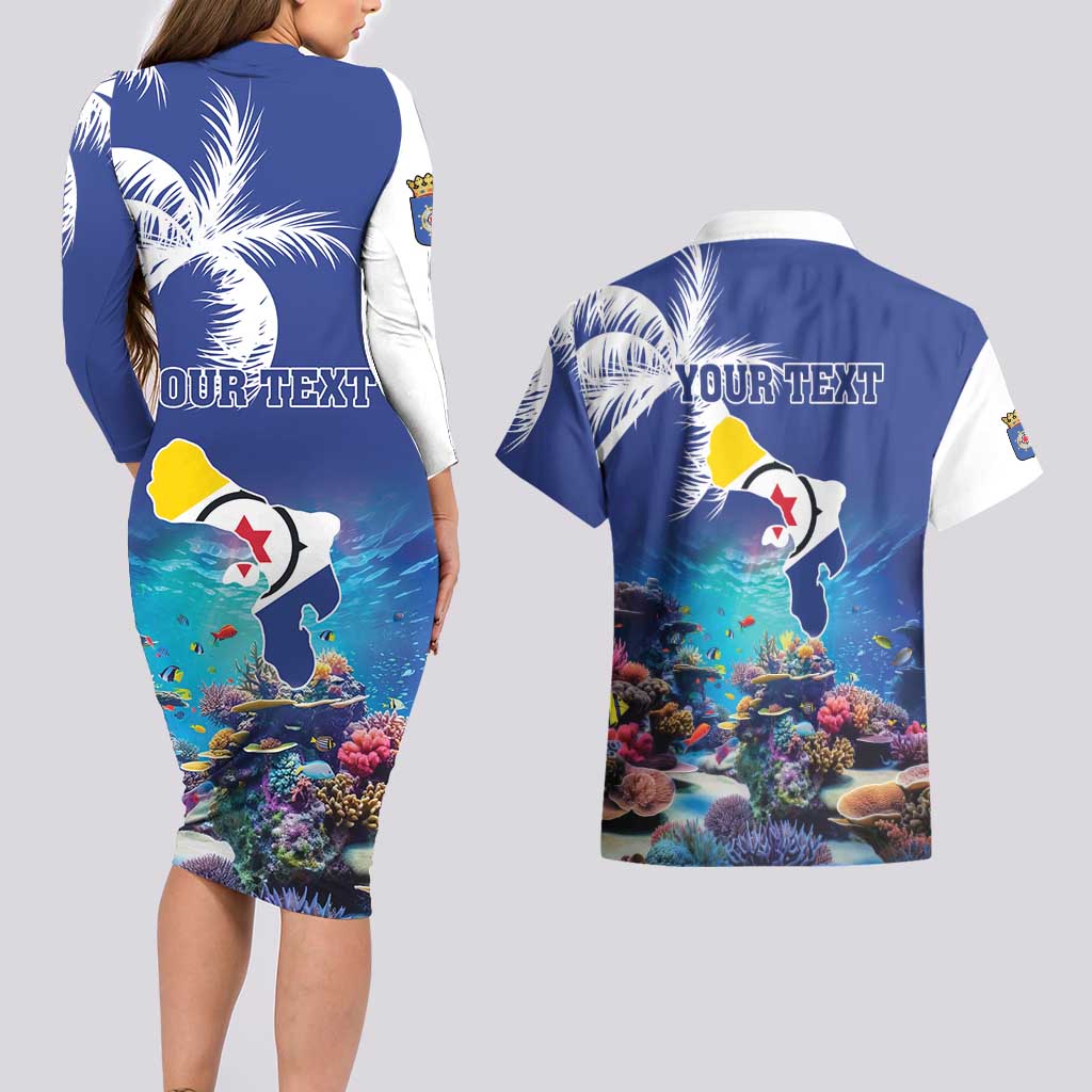 Personalized Bonaire Underwater Tropical Corals Reef Couples Matching Long Sleeve Bodycon Dress and Hawaiian Shirt With Colorful Sea Fish - Wonder Print Shop