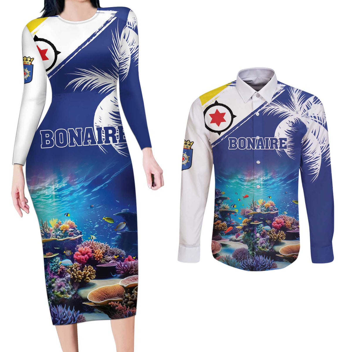 Personalized Bonaire Underwater Tropical Corals Reef Couples Matching Long Sleeve Bodycon Dress and Long Sleeve Button Shirt With Colorful Sea Fish - Wonder Print Shop