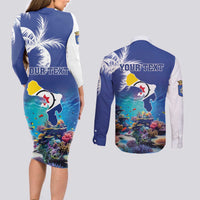 Personalized Bonaire Underwater Tropical Corals Reef Couples Matching Long Sleeve Bodycon Dress and Long Sleeve Button Shirt With Colorful Sea Fish - Wonder Print Shop