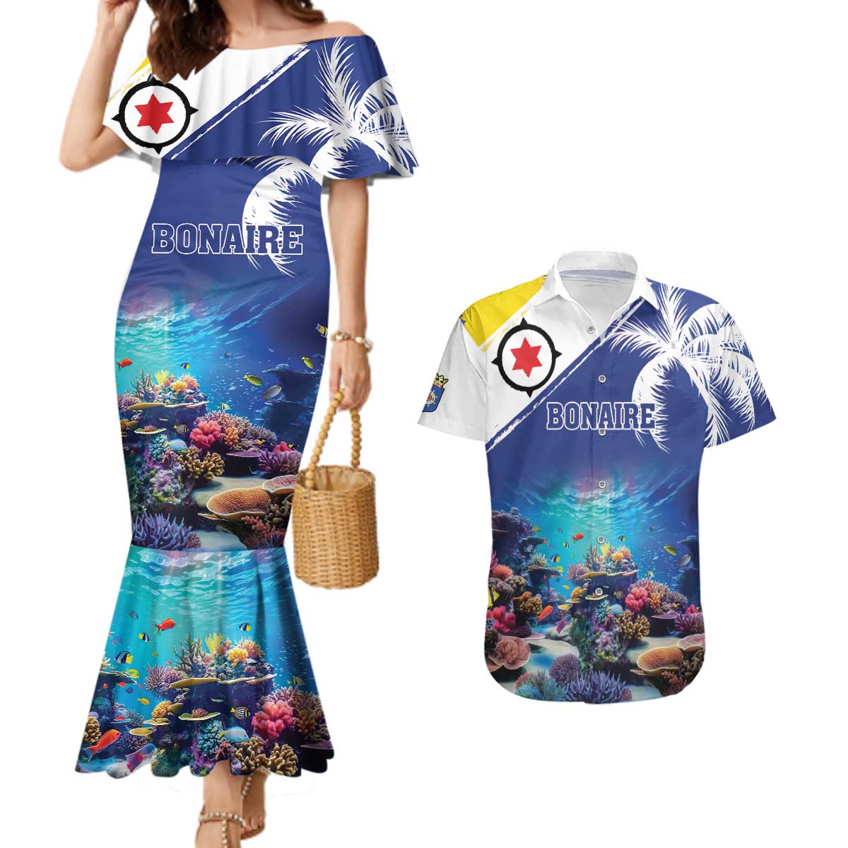 Personalized Bonaire Underwater Tropical Corals Reef Couples Matching Mermaid Dress and Hawaiian Shirt With Colorful Sea Fish - Wonder Print Shop
