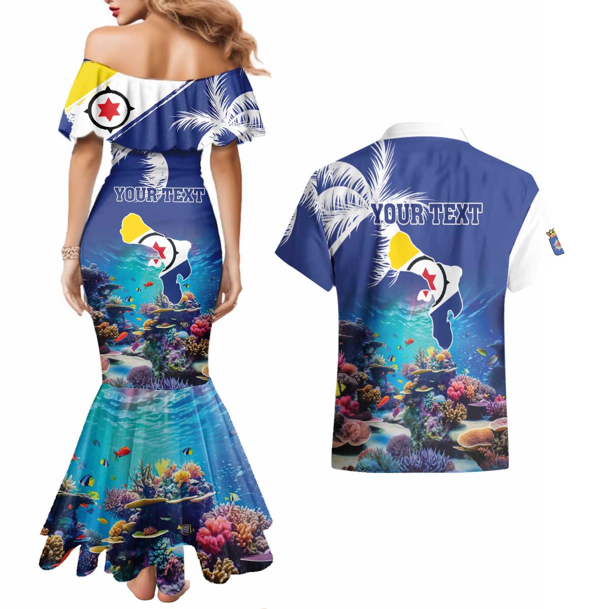 Personalized Bonaire Underwater Tropical Corals Reef Couples Matching Mermaid Dress and Hawaiian Shirt With Colorful Sea Fish - Wonder Print Shop