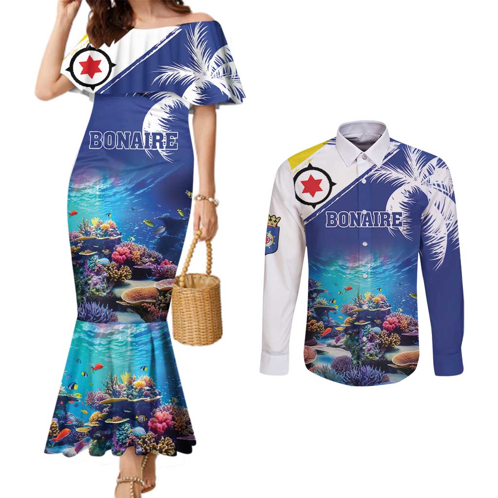 Personalized Bonaire Underwater Tropical Corals Reef Couples Matching Mermaid Dress and Long Sleeve Button Shirt With Colorful Sea Fish