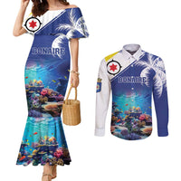 Personalized Bonaire Underwater Tropical Corals Reef Couples Matching Mermaid Dress and Long Sleeve Button Shirt With Colorful Sea Fish