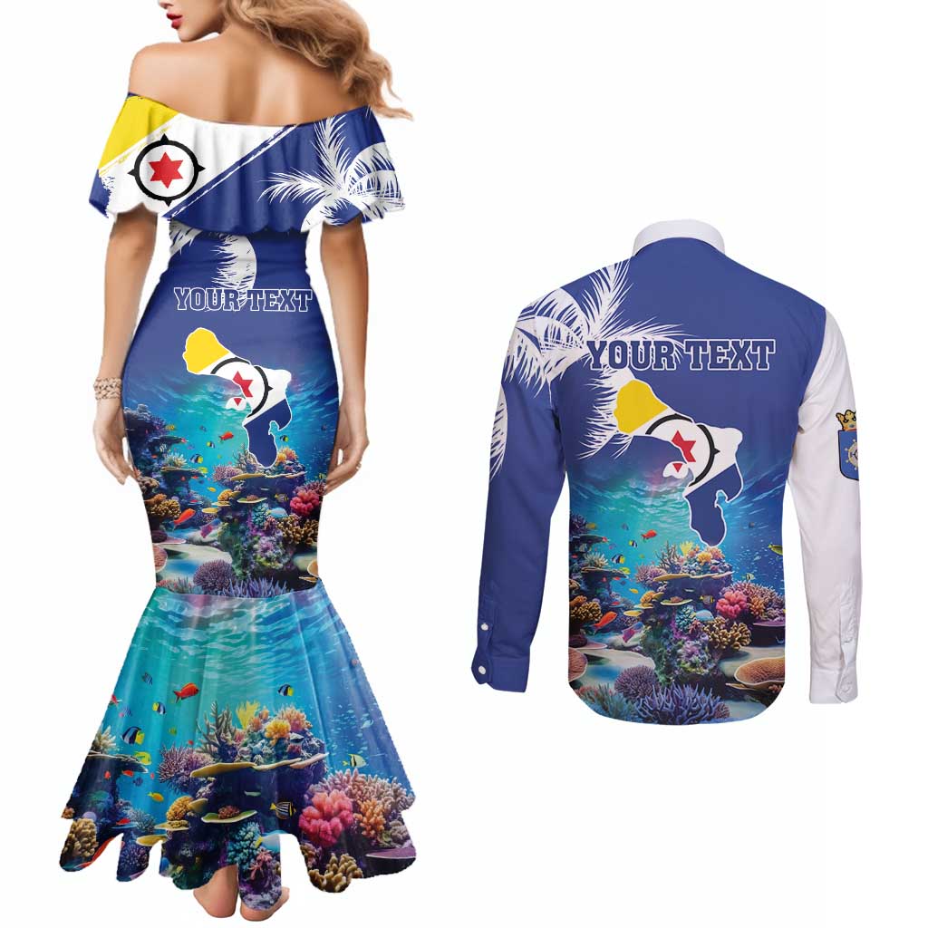 Personalized Bonaire Underwater Tropical Corals Reef Couples Matching Mermaid Dress and Long Sleeve Button Shirt With Colorful Sea Fish