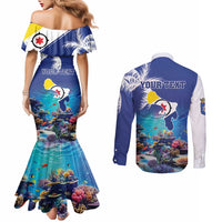 Personalized Bonaire Underwater Tropical Corals Reef Couples Matching Mermaid Dress and Long Sleeve Button Shirt With Colorful Sea Fish