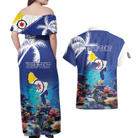 Personalized Bonaire Underwater Tropical Corals Reef Couples Matching Off Shoulder Maxi Dress and Hawaiian Shirt With Colorful Sea Fish - Wonder Print Shop