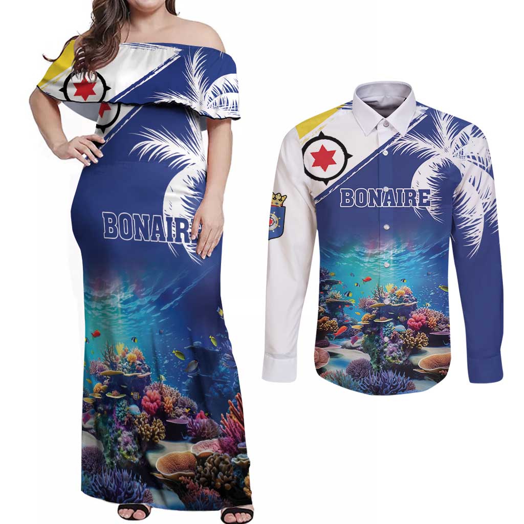 Personalized Bonaire Underwater Tropical Corals Reef Couples Matching Off Shoulder Maxi Dress and Long Sleeve Button Shirt With Colorful Sea Fish - Wonder Print Shop