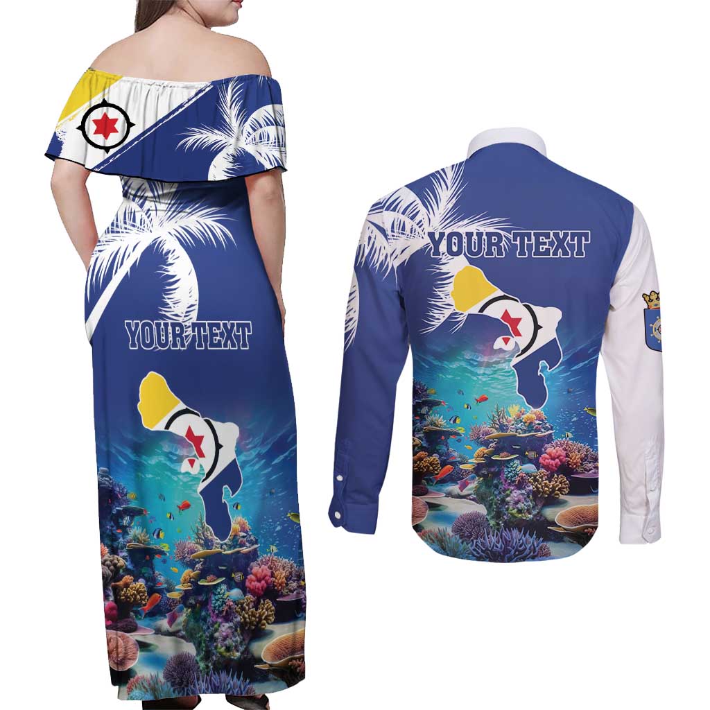 Personalized Bonaire Underwater Tropical Corals Reef Couples Matching Off Shoulder Maxi Dress and Long Sleeve Button Shirt With Colorful Sea Fish - Wonder Print Shop
