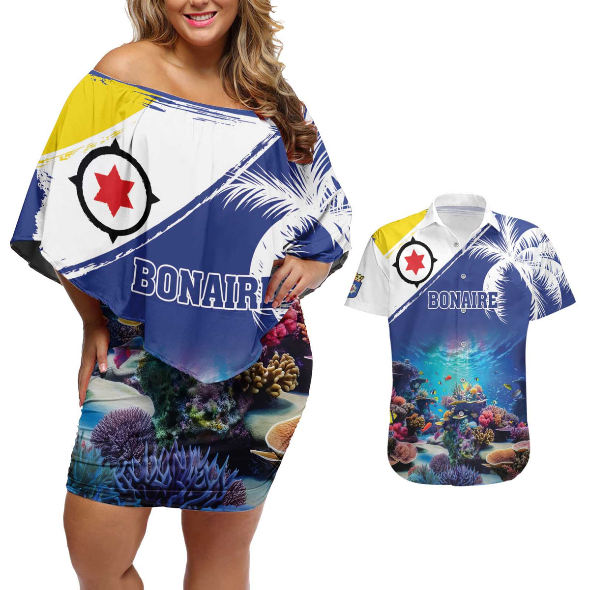 Personalized Bonaire Underwater Tropical Corals Reef Couples Matching Off Shoulder Short Dress and Hawaiian Shirt With Colorful Sea Fish - Wonder Print Shop