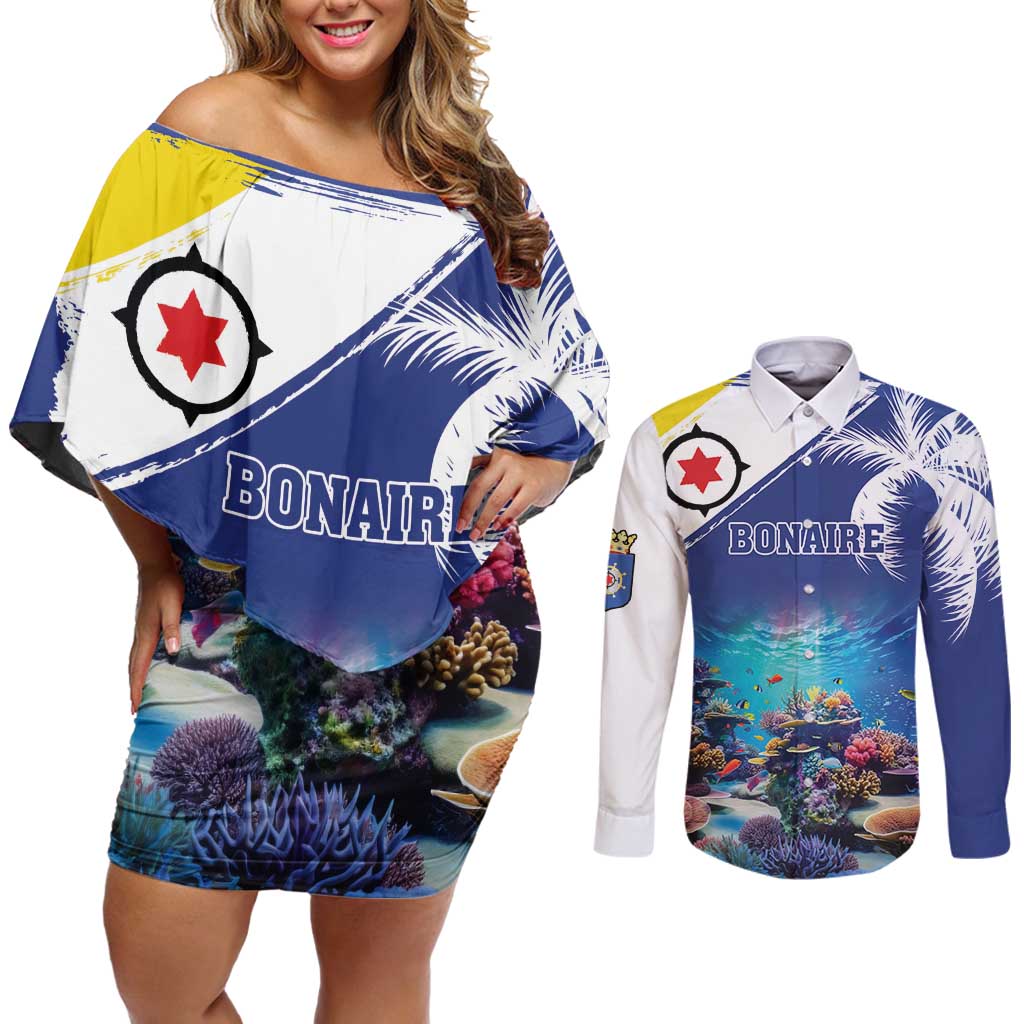Personalized Bonaire Underwater Tropical Corals Reef Couples Matching Off Shoulder Short Dress and Long Sleeve Button Shirt With Colorful Sea Fish - Wonder Print Shop