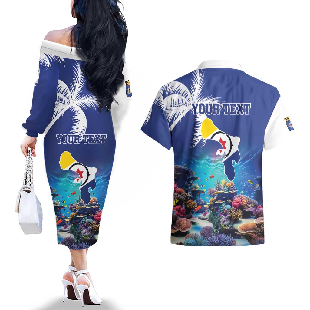 Personalized Bonaire Underwater Tropical Corals Reef Couples Matching Off The Shoulder Long Sleeve Dress and Hawaiian Shirt With Colorful Sea Fish - Wonder Print Shop