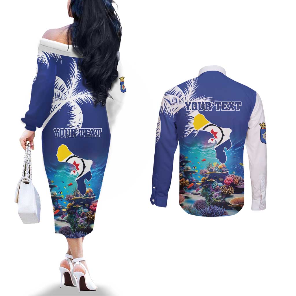 Personalized Bonaire Underwater Tropical Corals Reef Couples Matching Off The Shoulder Long Sleeve Dress and Long Sleeve Button Shirt With Colorful Sea Fish