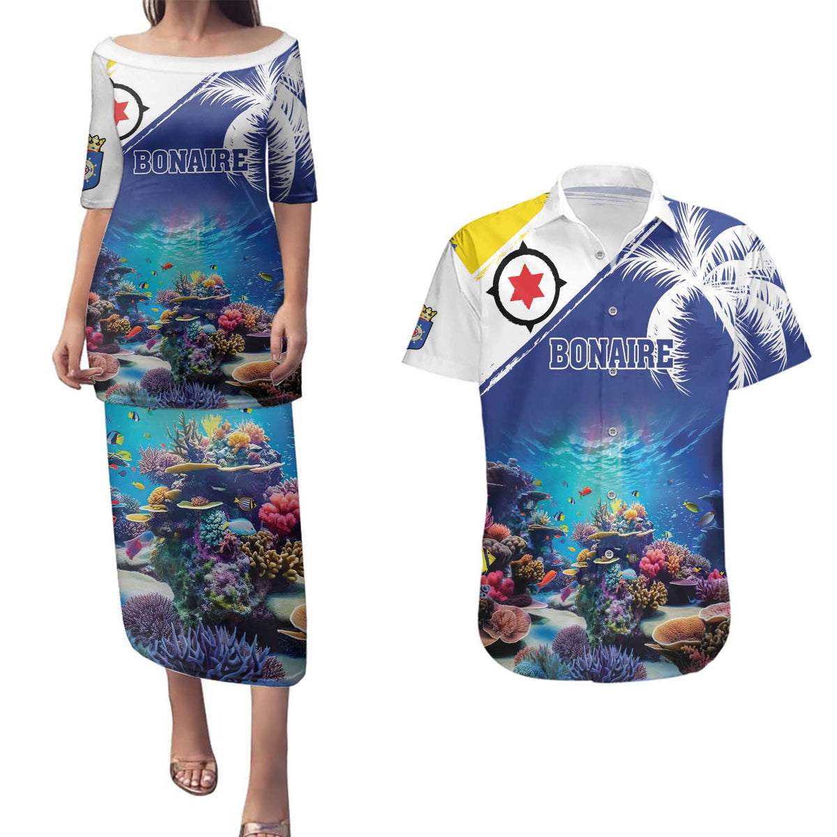 Personalized Bonaire Underwater Tropical Corals Reef Couples Matching Puletasi and Hawaiian Shirt With Colorful Sea Fish - Wonder Print Shop