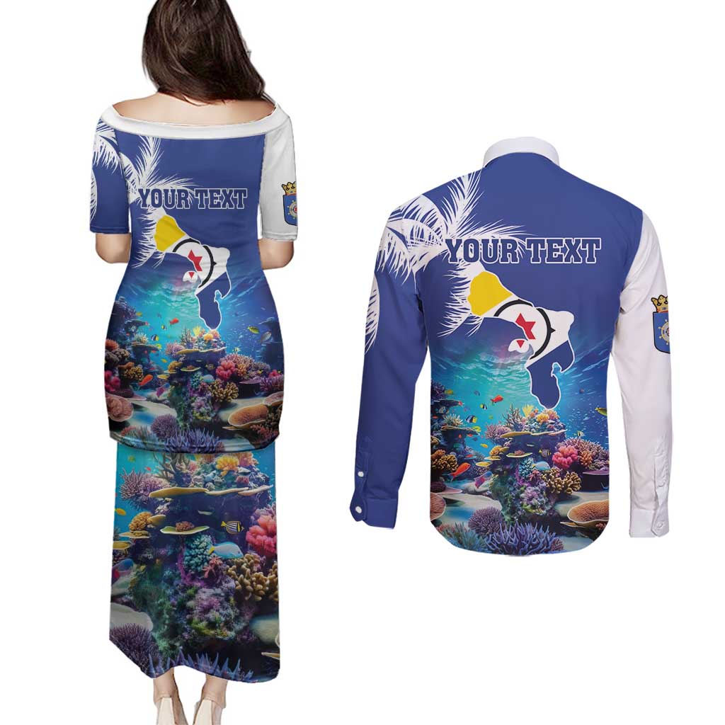 Personalized Bonaire Underwater Tropical Corals Reef Couples Matching Puletasi and Long Sleeve Button Shirt With Colorful Sea Fish - Wonder Print Shop