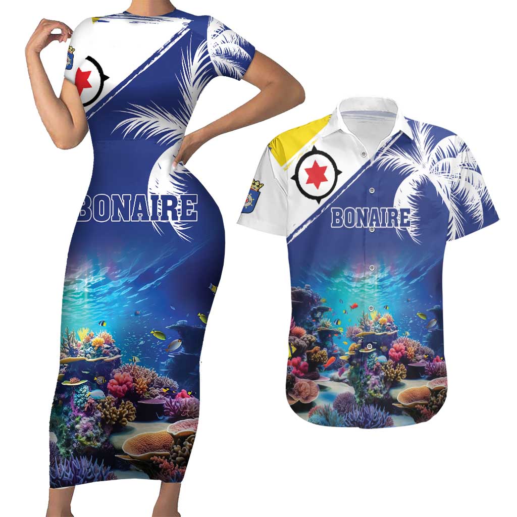 Personalized Bonaire Underwater Tropical Corals Reef Couples Matching Short Sleeve Bodycon Dress and Hawaiian Shirt With Colorful Sea Fish - Wonder Print Shop