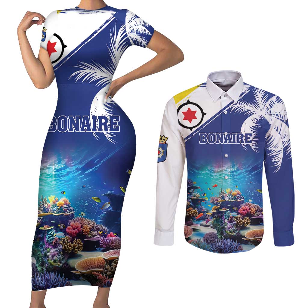 Personalized Bonaire Underwater Tropical Corals Reef Couples Matching Short Sleeve Bodycon Dress and Long Sleeve Button Shirt With Colorful Sea Fish - Wonder Print Shop