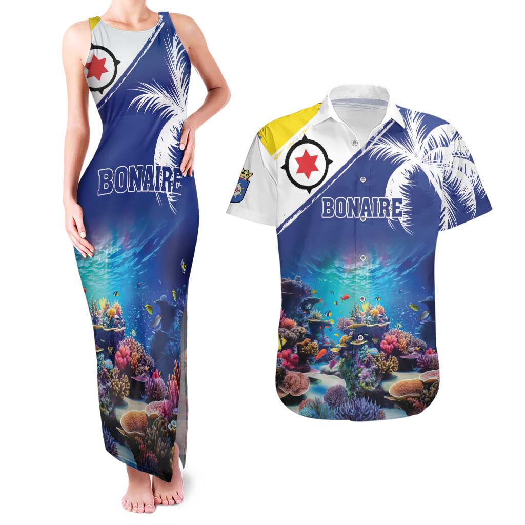 Personalized Bonaire Underwater Tropical Corals Reef Couples Matching Tank Maxi Dress and Hawaiian Shirt With Colorful Sea Fish - Wonder Print Shop