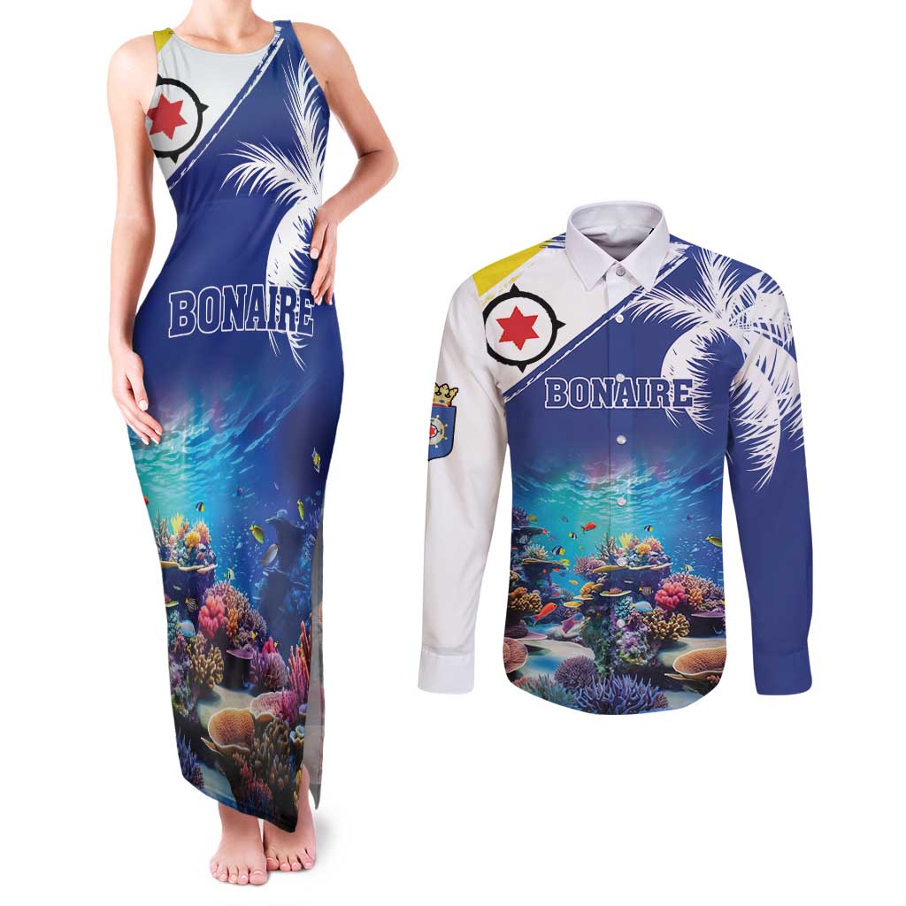 Personalized Bonaire Underwater Tropical Corals Reef Couples Matching Tank Maxi Dress and Long Sleeve Button Shirt With Colorful Sea Fish - Wonder Print Shop