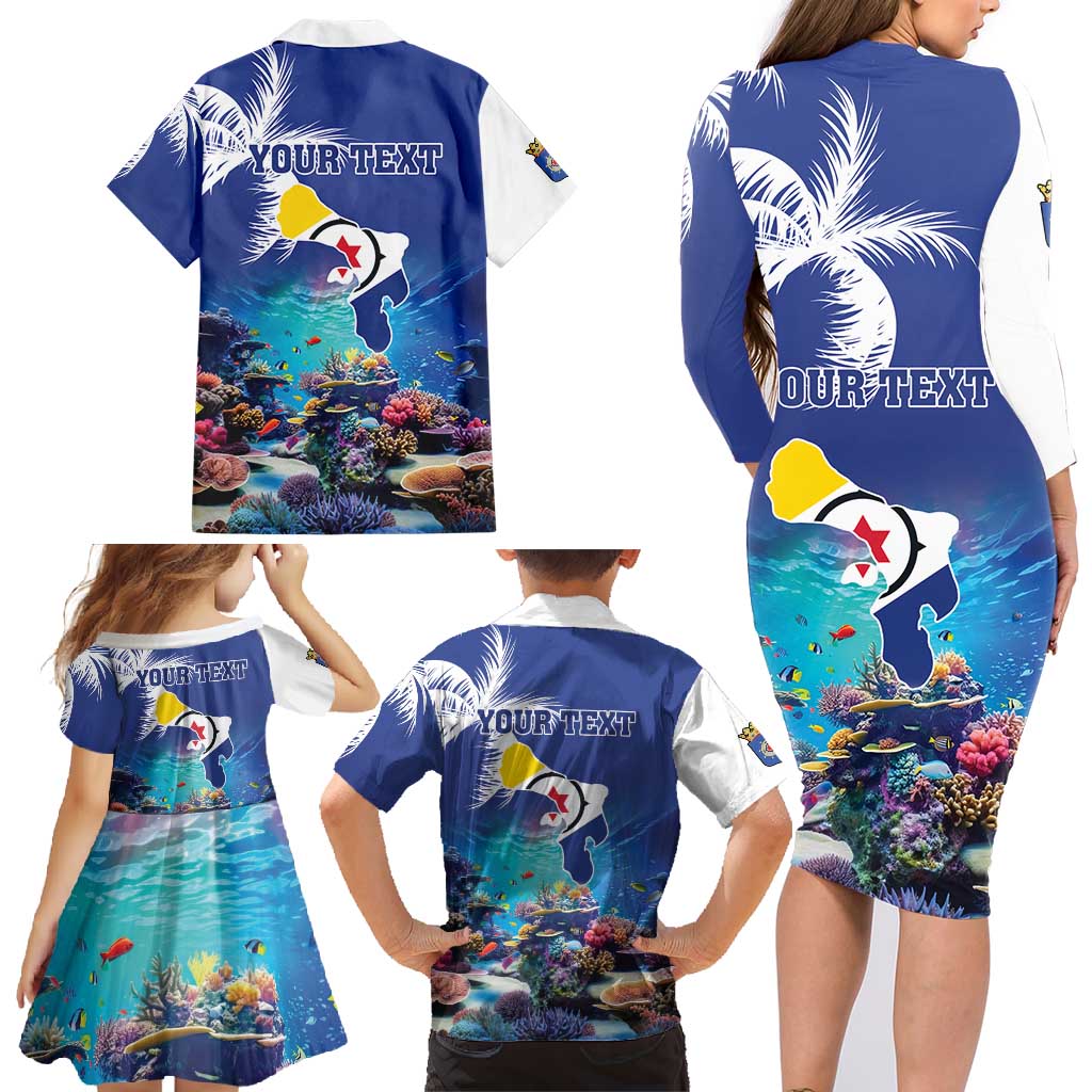 Personalized Bonaire Underwater Tropical Corals Reef Family Matching Long Sleeve Bodycon Dress and Hawaiian Shirt With Colorful Sea Fish - Wonder Print Shop