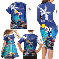 Personalized Bonaire Underwater Tropical Corals Reef Family Matching Long Sleeve Bodycon Dress and Hawaiian Shirt With Colorful Sea Fish - Wonder Print Shop