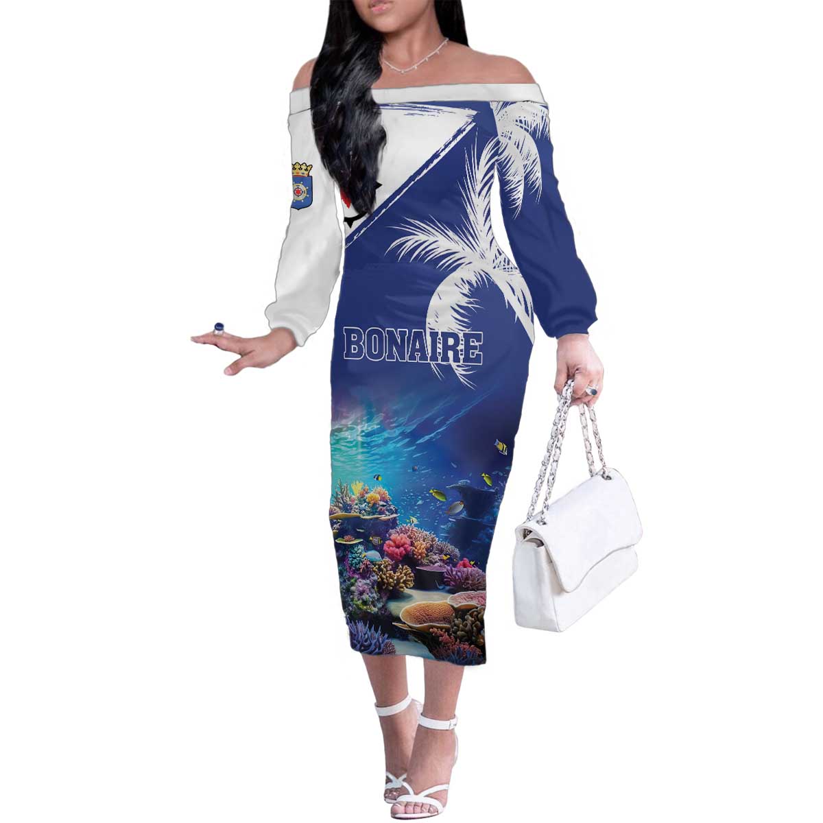 Personalized Bonaire Underwater Tropical Corals Reef Family Matching Off The Shoulder Long Sleeve Dress and Hawaiian Shirt With Colorful Sea Fish - Wonder Print Shop