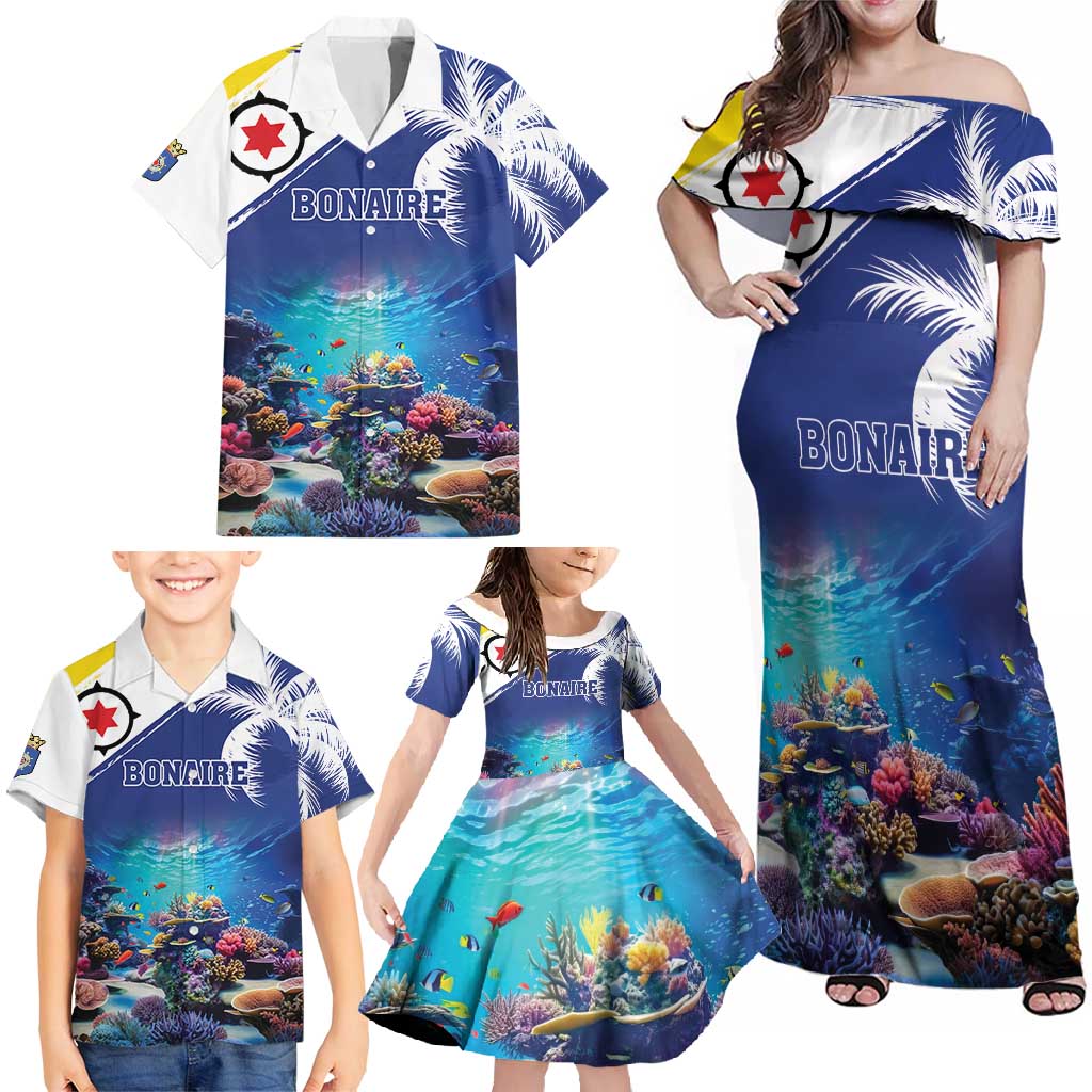 Personalized Bonaire Underwater Tropical Corals Reef Family Matching Off Shoulder Maxi Dress and Hawaiian Shirt With Colorful Sea Fish - Wonder Print Shop