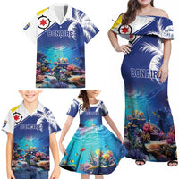 Personalized Bonaire Underwater Tropical Corals Reef Family Matching Off Shoulder Maxi Dress and Hawaiian Shirt With Colorful Sea Fish - Wonder Print Shop