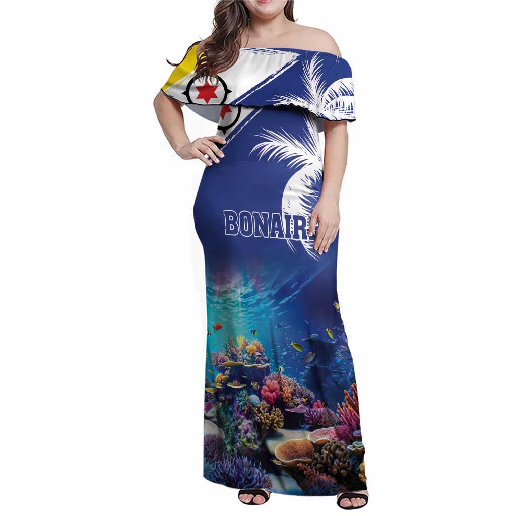 Personalized Bonaire Underwater Tropical Corals Reef Family Matching Off Shoulder Maxi Dress and Hawaiian Shirt With Colorful Sea Fish - Wonder Print Shop