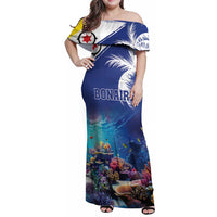 Personalized Bonaire Underwater Tropical Corals Reef Family Matching Off Shoulder Maxi Dress and Hawaiian Shirt With Colorful Sea Fish - Wonder Print Shop