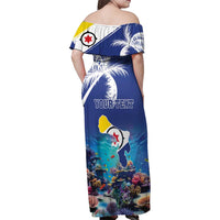 Personalized Bonaire Underwater Tropical Corals Reef Family Matching Off Shoulder Maxi Dress and Hawaiian Shirt With Colorful Sea Fish - Wonder Print Shop
