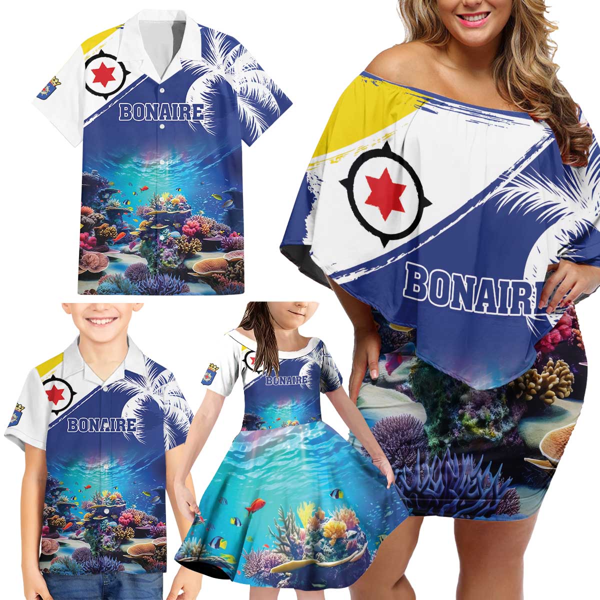 Personalized Bonaire Underwater Tropical Corals Reef Family Matching Off Shoulder Short Dress and Hawaiian Shirt With Colorful Sea Fish - Wonder Print Shop