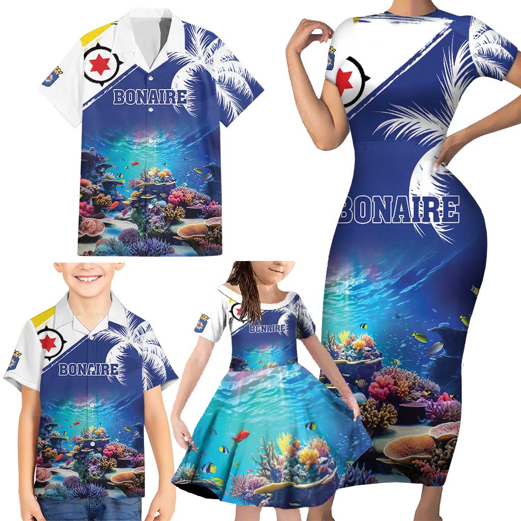 Personalized Bonaire Underwater Tropical Corals Reef Family Matching Short Sleeve Bodycon Dress and Hawaiian Shirt With Colorful Sea Fish - Wonder Print Shop
