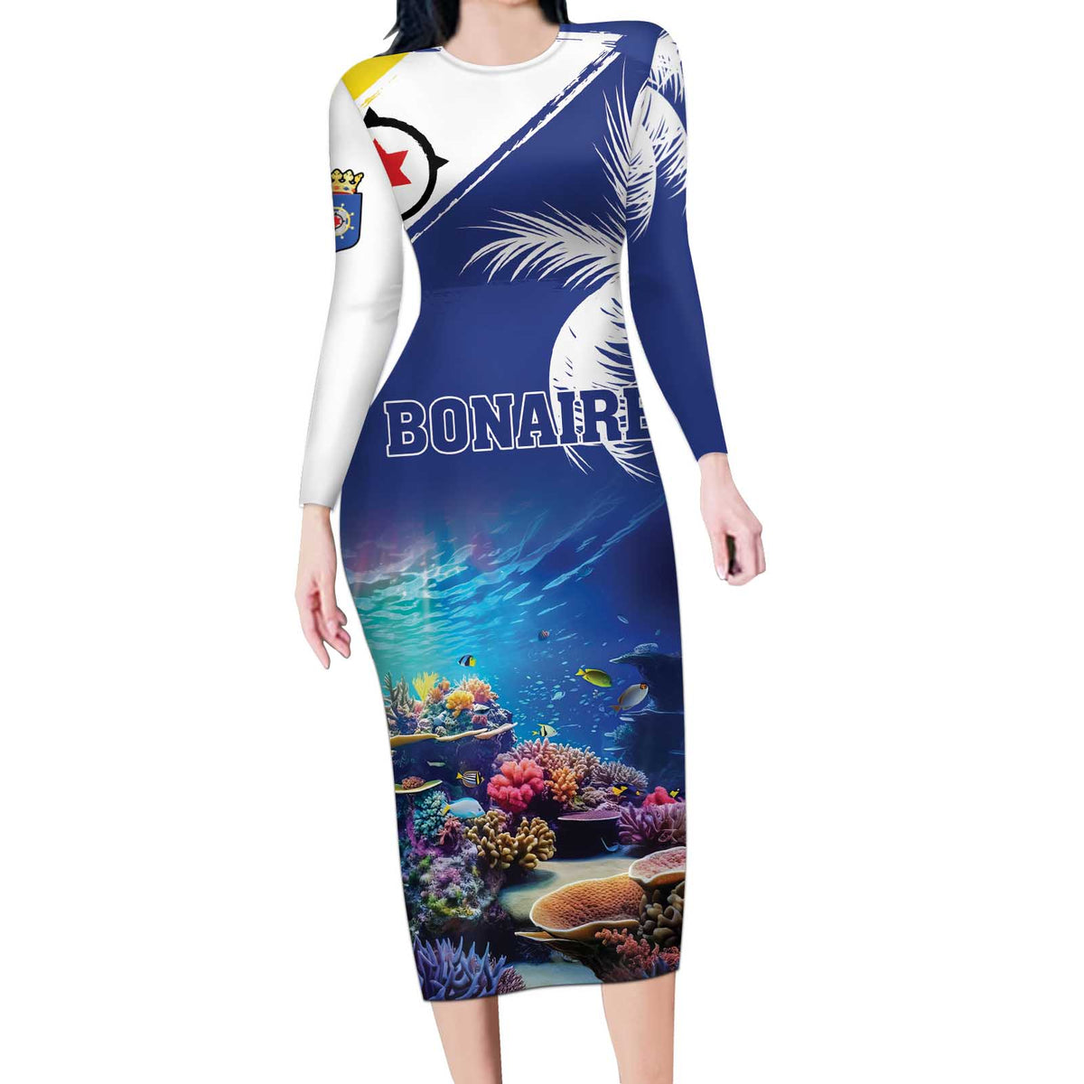 Personalized Bonaire Underwater Tropical Corals Reef Long Sleeve Bodycon Dress With Colorful Sea Fish - Wonder Print Shop