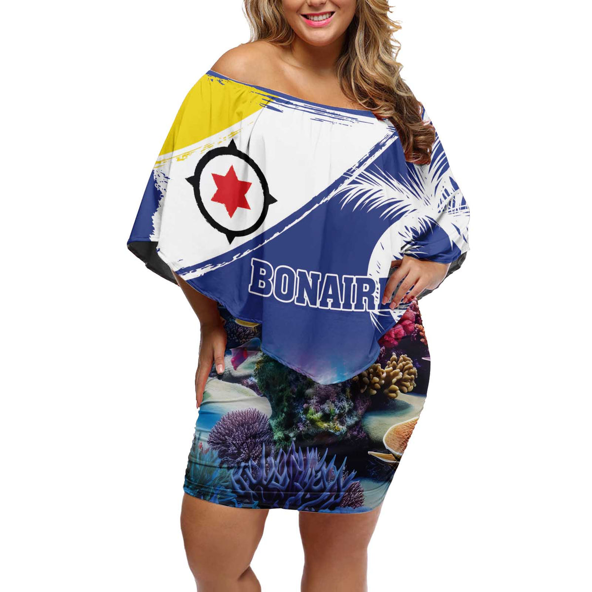 Personalized Bonaire Underwater Tropical Corals Reef Off Shoulder Short Dress With Colorful Sea Fish - Wonder Print Shop