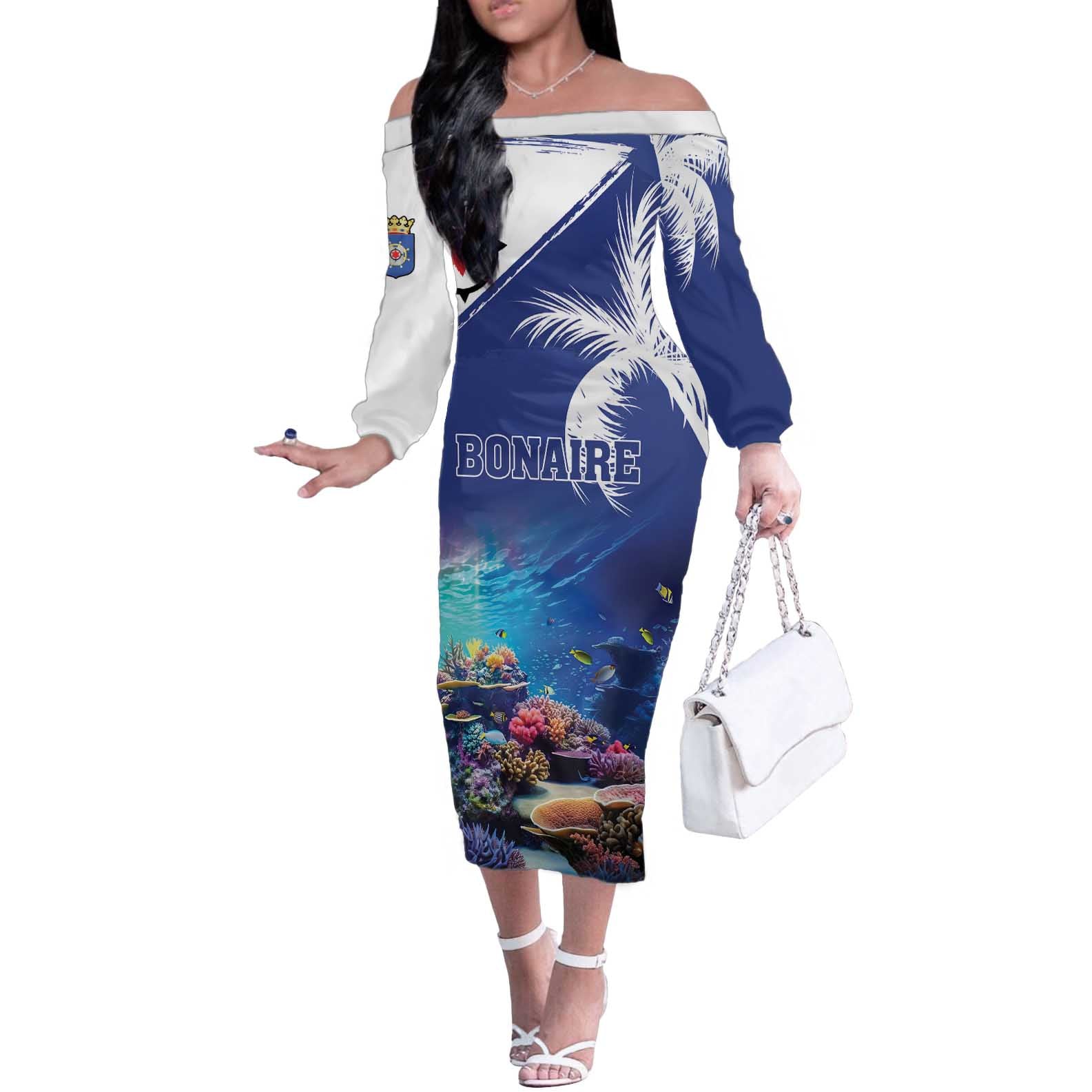 Personalized Bonaire Underwater Tropical Corals Reef Off The Shoulder Long Sleeve Dress With Colorful Sea Fish - Wonder Print Shop