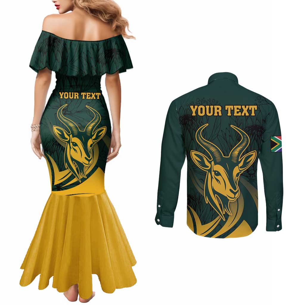 Personalized South Africa Springbok Couples Matching Mermaid Dress and Long Sleeve Button Shirt With Trendy Protea Flowers Patterns