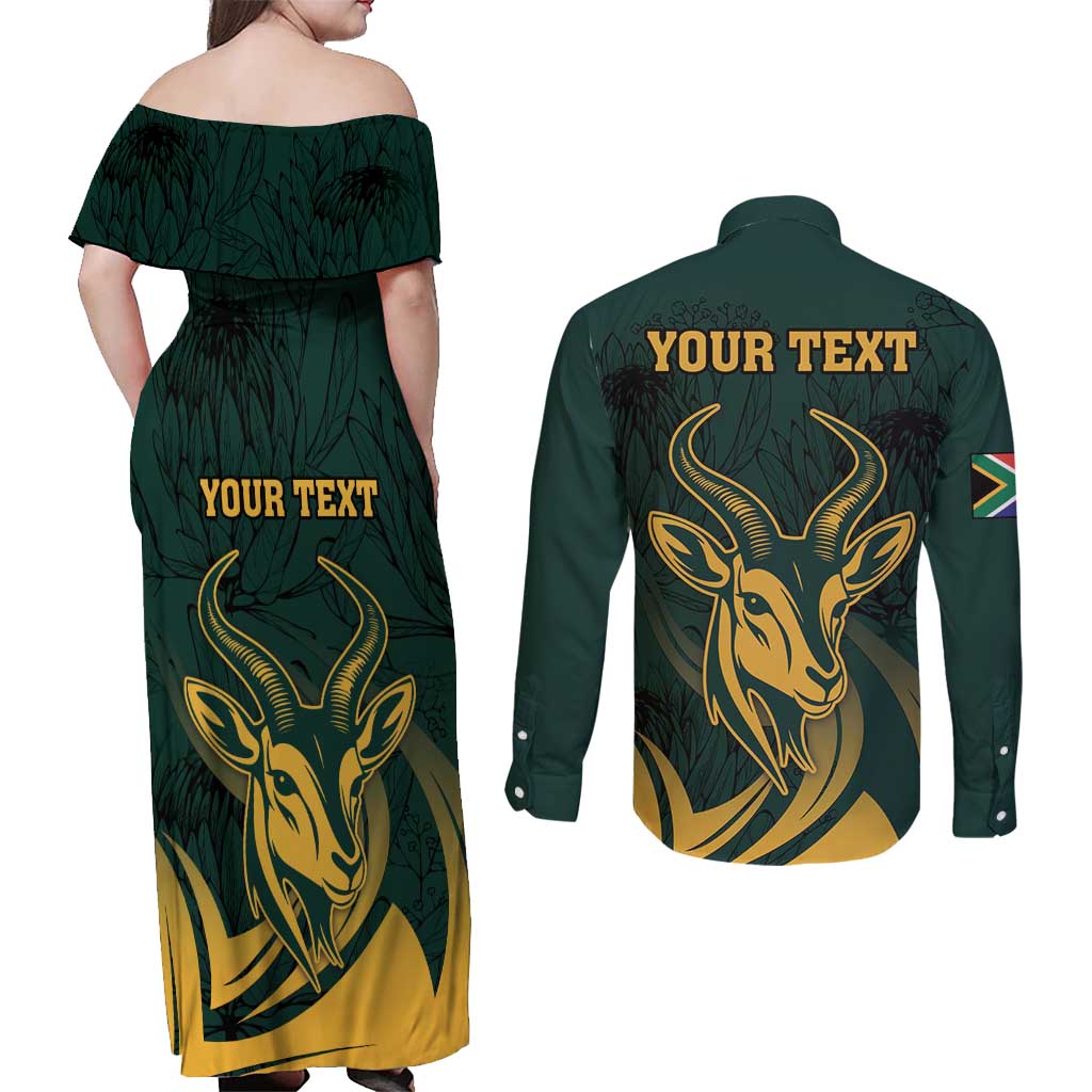 Personalized South Africa Springbok Couples Matching Off Shoulder Maxi Dress and Long Sleeve Button Shirt With Trendy Protea Flowers Patterns - Wonder Print Shop