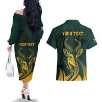 Personalized South Africa Springbok Couples Matching Off The Shoulder Long Sleeve Dress and Hawaiian Shirt With Trendy Protea Flowers Patterns - Wonder Print Shop