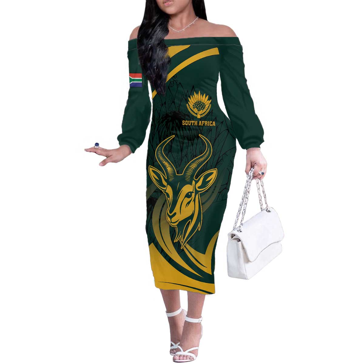 Personalized South Africa Springbok Family Matching Off The Shoulder Long Sleeve Dress and Hawaiian Shirt With Trendy Protea Flowers Patterns - Wonder Print Shop