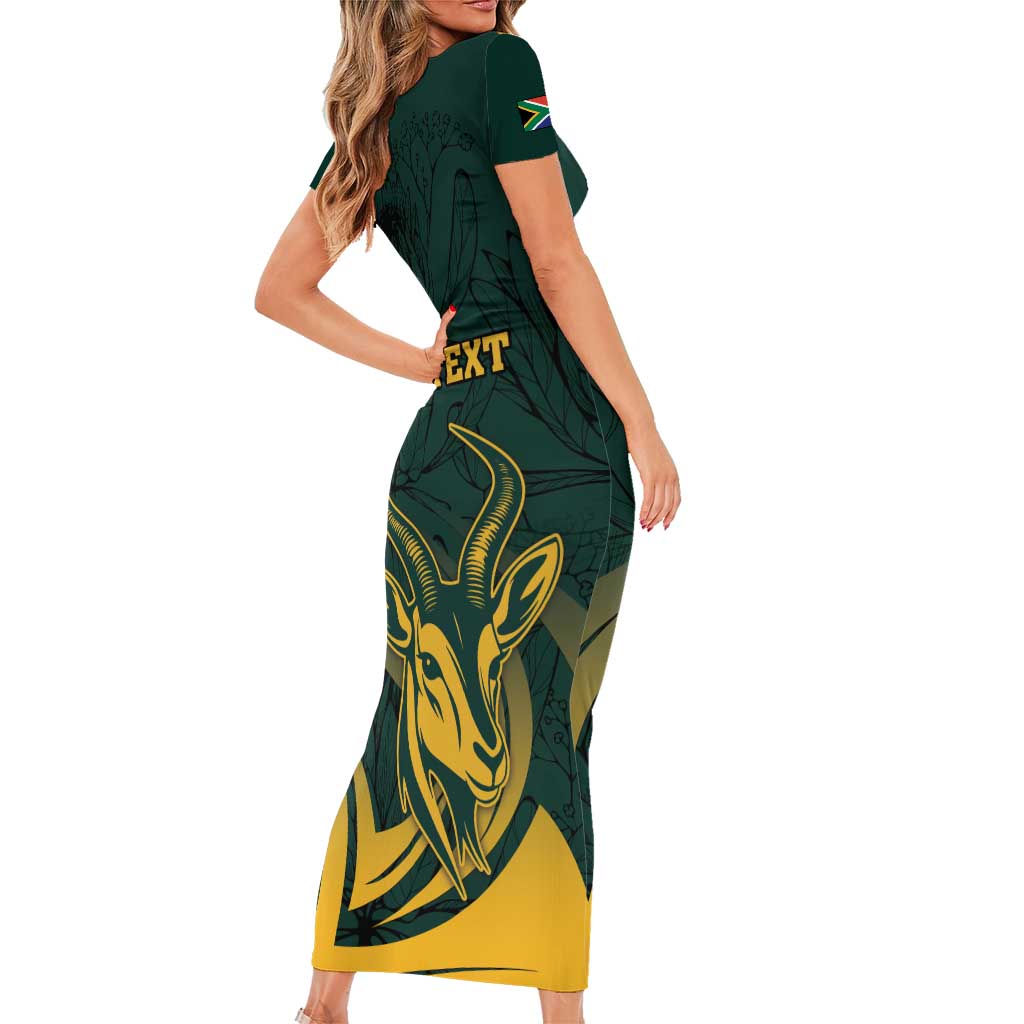Personalized South Africa Springbok Short Sleeve Bodycon Dress With Trendy Protea Flowers Patterns - Wonder Print Shop