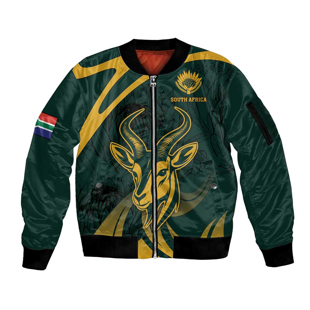 Personalized South Africa Springbok Sleeve Zip Bomber Jacket With Trendy Protea Flowers Patterns - Wonder Print Shop